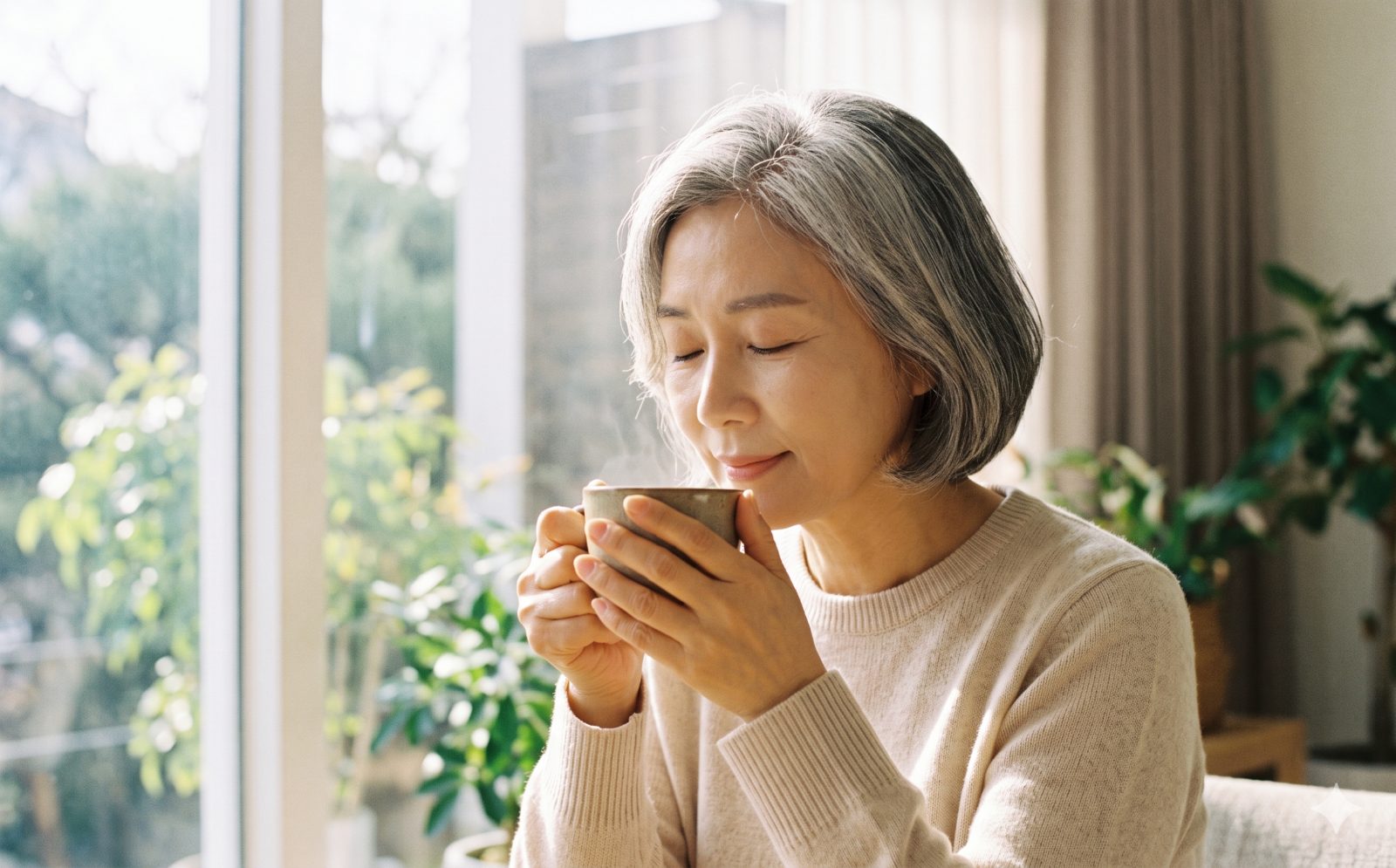 따뜻한 차를 마시며 편안히 쉬는 모습 — 이명 관리의 시작은 긴장을 푸는 것